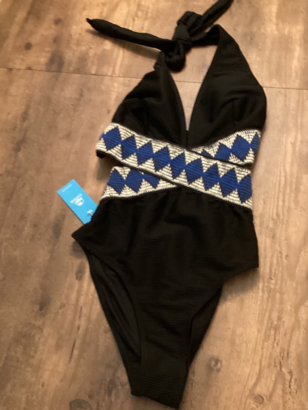 Cupshe Black Halter One-Piece Swimsuit with Blue & White Chevron Waistband
